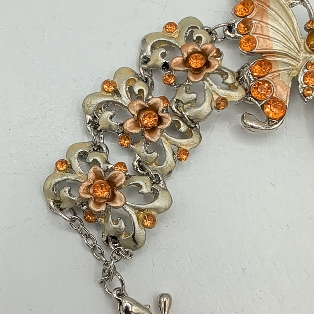 Gold And Silver Tone Enamel Butterfly Floral Link Bracelet Orange Rhinestone - Picture 5 of 16
